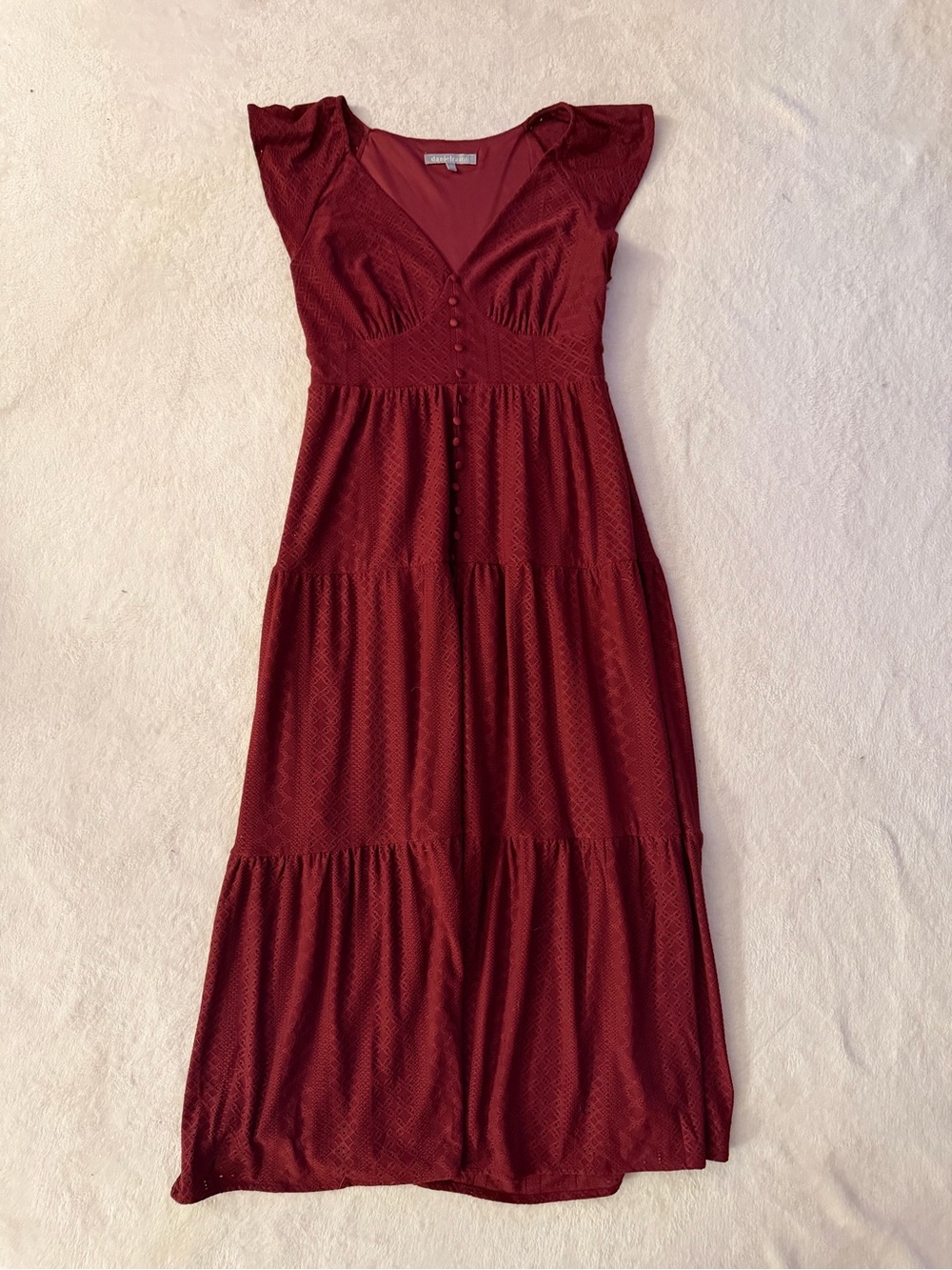 Daniel Rainn Burgundy Eyelet Tiered Maxi Dress Size Medium